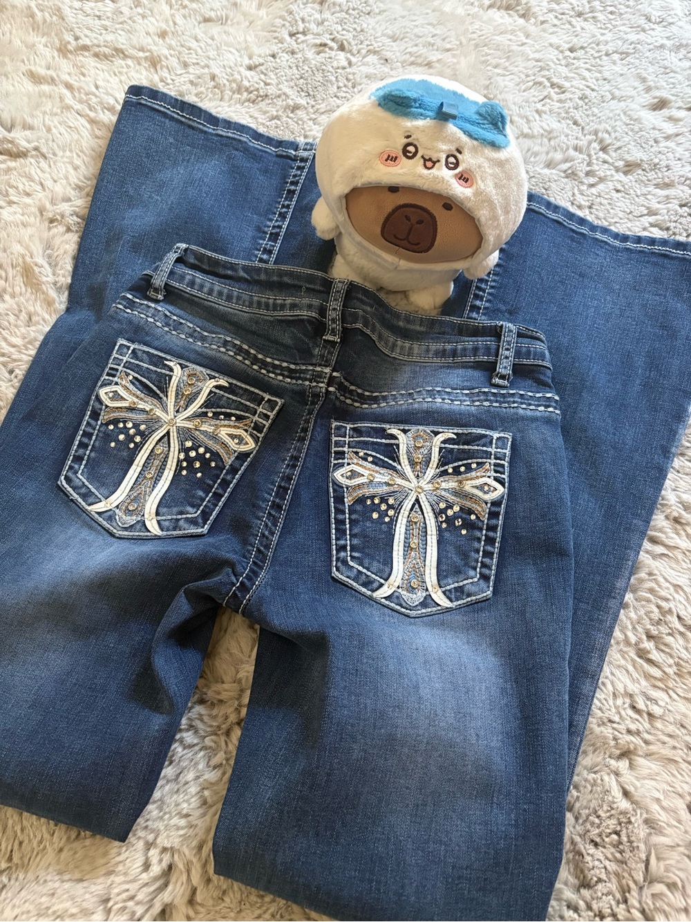 Y2K Retro Embellished Cross Pocket Flare Leg Dark Wash Jeans